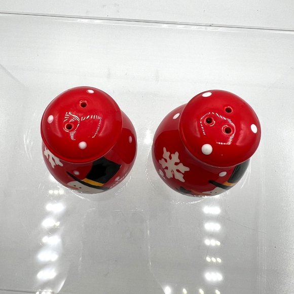 Christmas Snowman Salt Pepper Shaker Set Red White Snowflakes Holiday Decorative - Picture 2 of 8